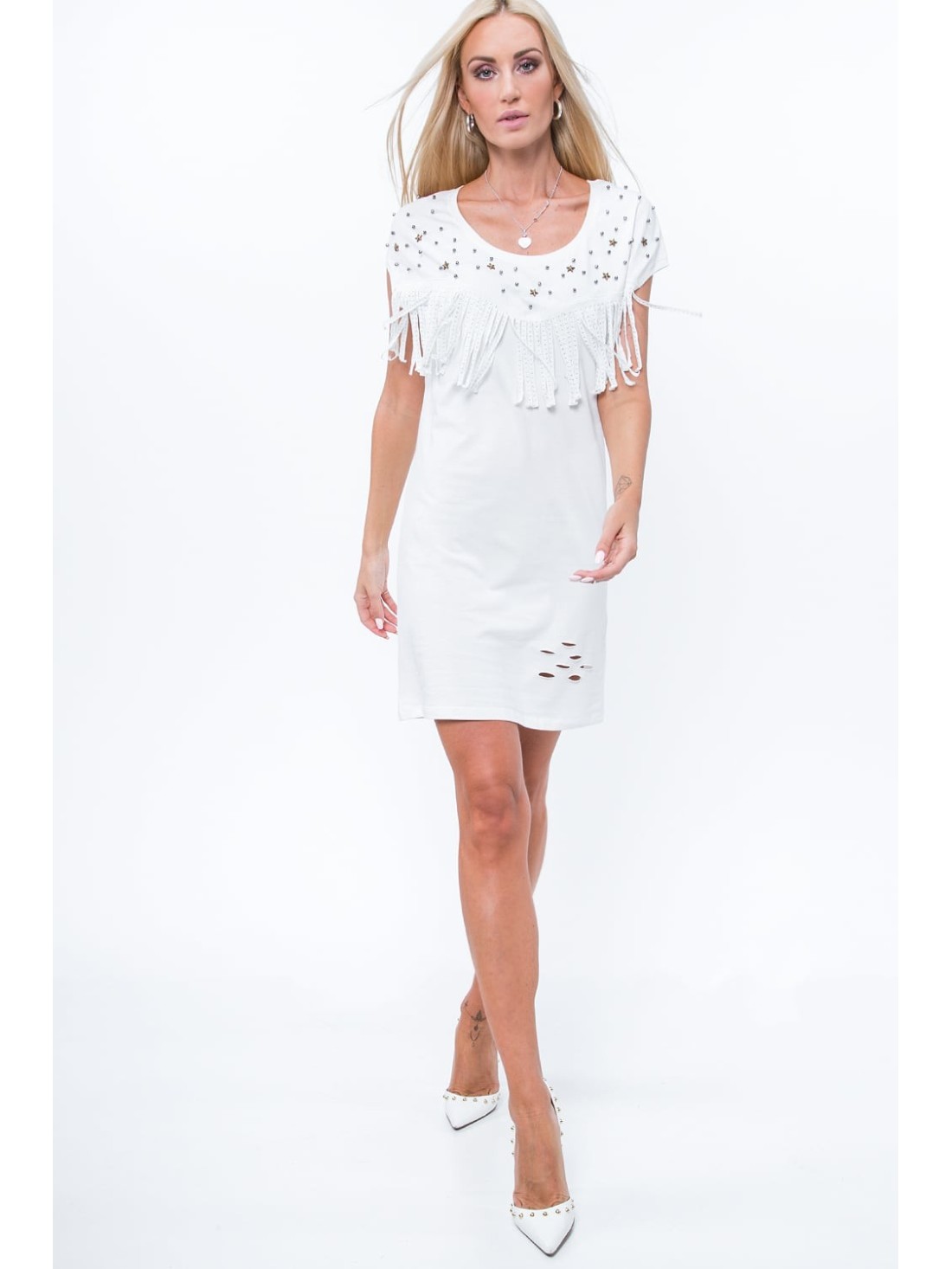 Rochie crem din bumbac cu franjuri ZZ1111 - Magazin online - Boutique